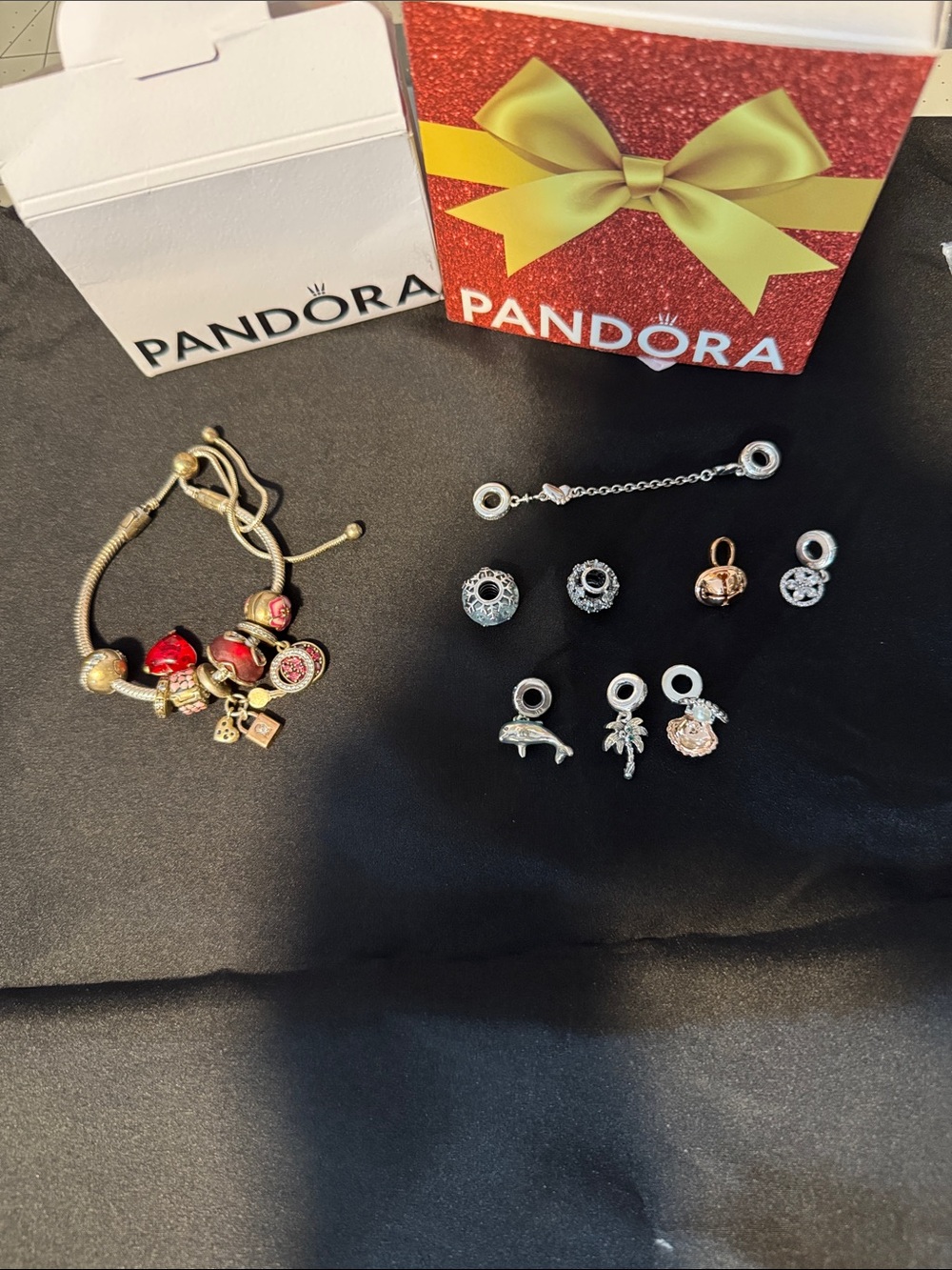 Pandora Red and Silver Charm Bracelet with Mixed Metal Charms
